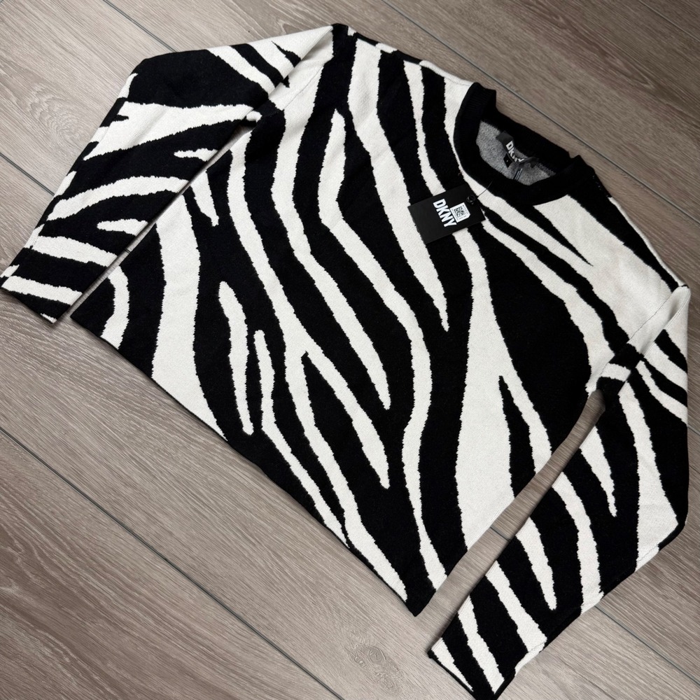 DKNY Womens Sweater Zebra Print Crewneck Ivory Black S P3MSDC79